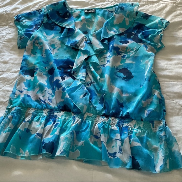 NEW WOMEN DESIGN, TEAL AND MULTI COLOUR RUFFLE BLOUSE, SIZE: L - Picture 7 of 7